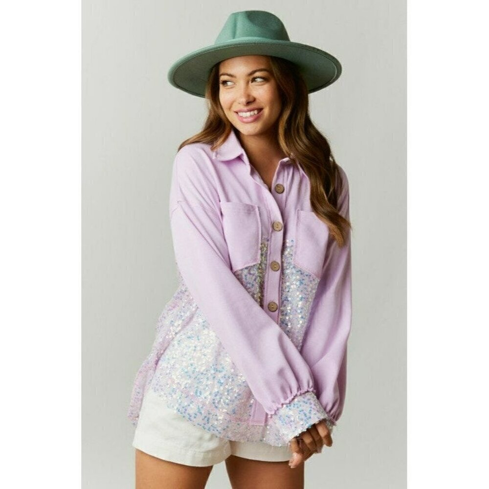 All Things Bling Sequin Contrast Color Block Shacket in Lavender - Picture 2 of 8